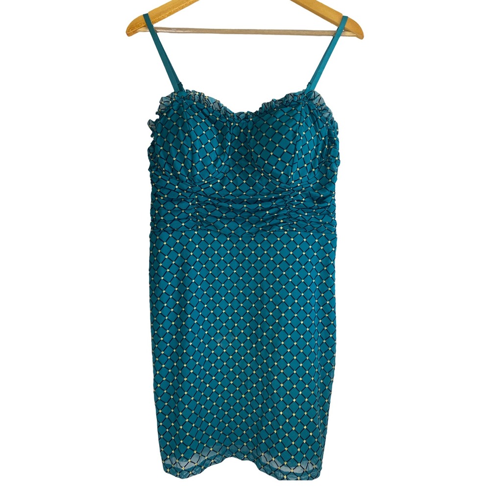 A.W.W. Teal Green Gold Glitter Diamond Mesh Ruched Bodycon Mini Dress Womens XL‎